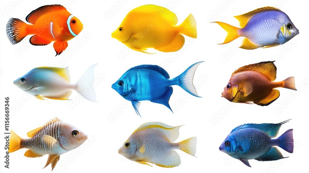 Naklejka premium Colorful tropical fish collection isolated on white background showcasing diverse species and vibrant colors for aquatic themes and designs.