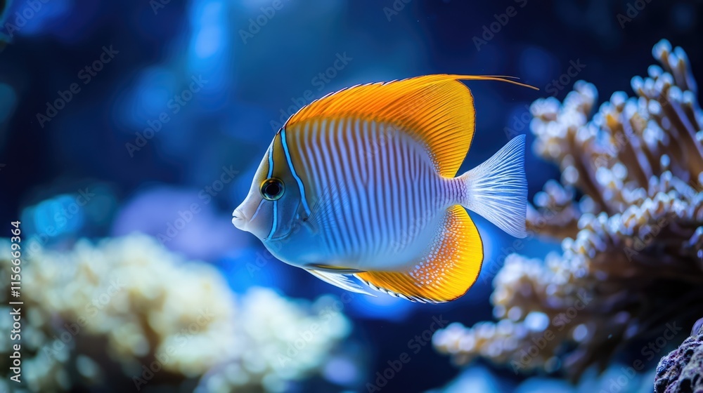 Naklejka premium Colorful tropical fish swimming among vibrant corals and algae in a serene underwater setting showcasing oceanic beauty and biodiversity