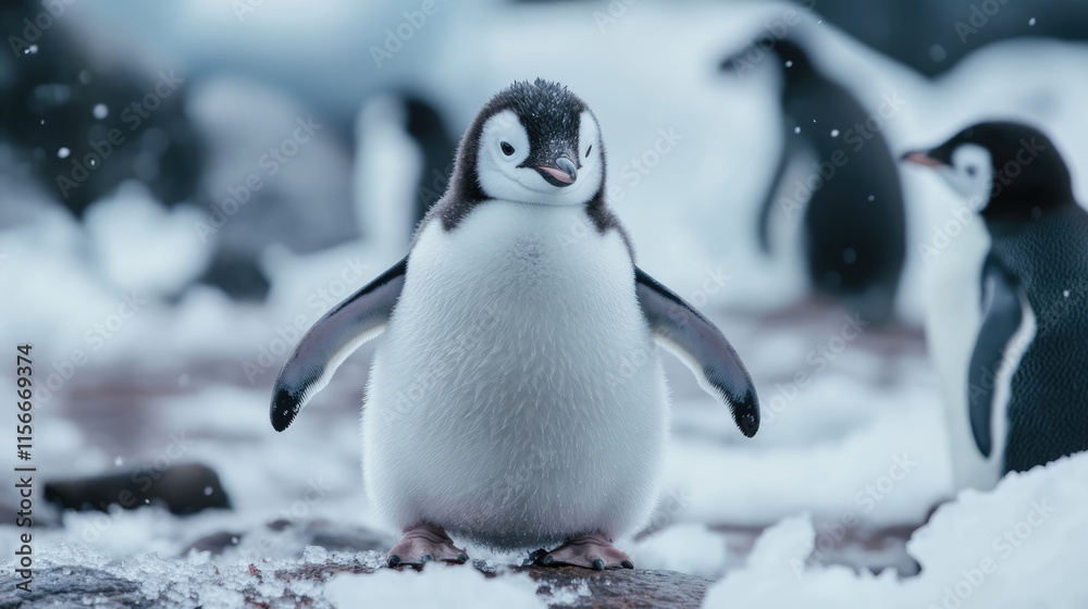 Obraz premium Penguin in Snowy Antarctica Landscape Capturing the Charm and Beauty of Wildlife in Extreme Cold Environment