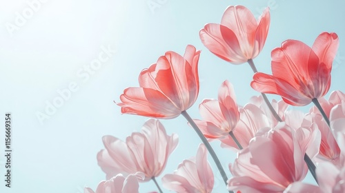 Delicate pink tulips with soft petals against a light blue background creating a serene floral spring atmosphere for nature concepts