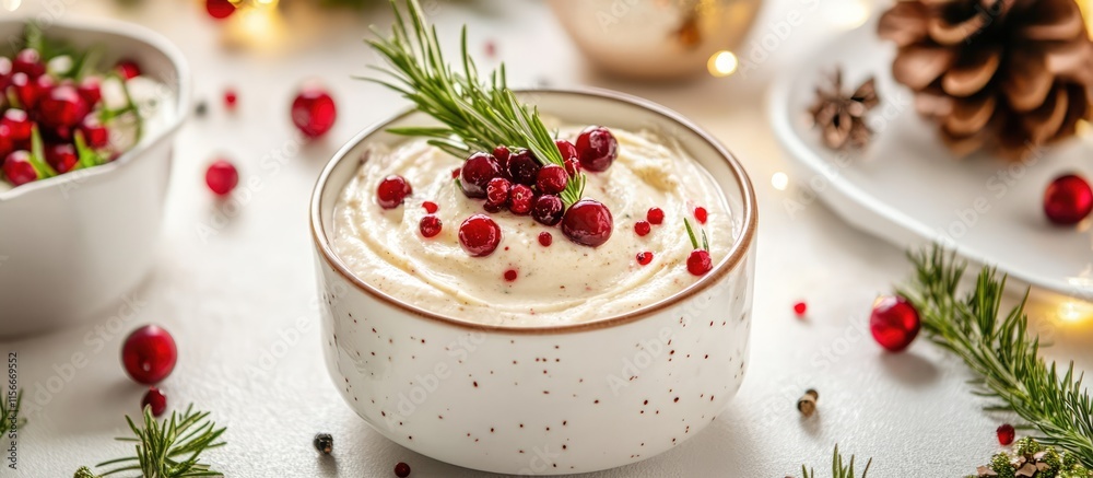 Chicken liver pâté garnished with cranberries and rosemary in a ceramic dish on a festive table setting with seasonal decorations. Chicken liver pâté garnished with cranberries and rosemary in a ceramic dish on a festive table setting with seasonal decorations.