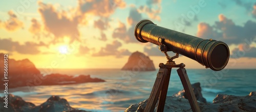 Scenic tourist telescope overlooking ocean sunset at a beautiful rocky coastline destination photo