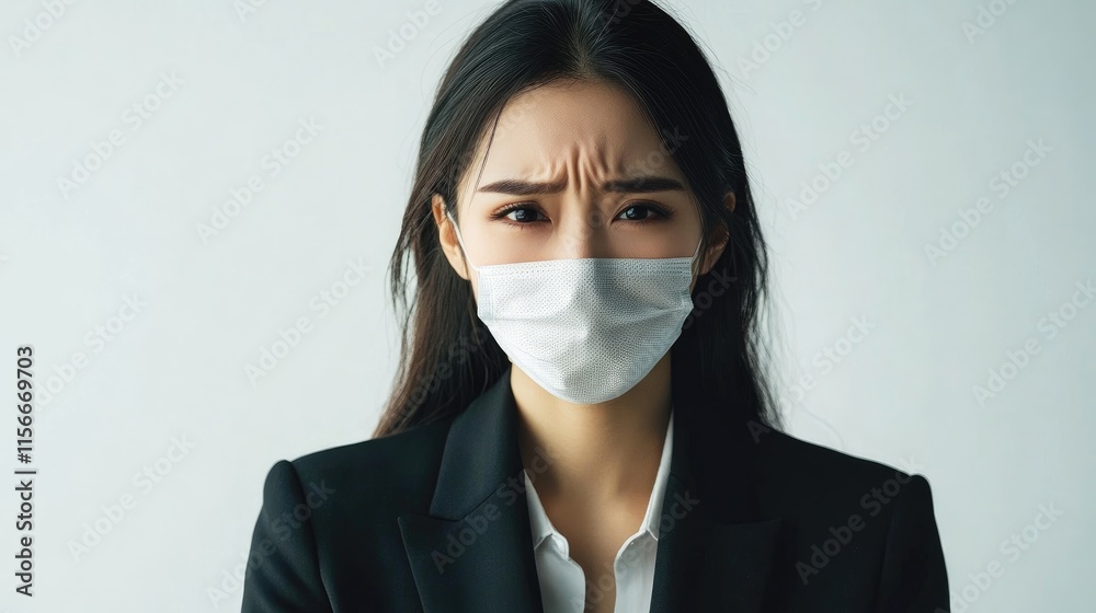 Concerned businesswoman wearing a face mask with a serious expression reflecting uncertainty in the workplace during the pandemic
