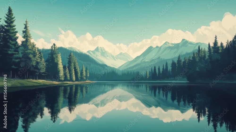 Serene lake reflecting snow-capped mountains and pine trees under a clear sky. Serene lake reflecting snow-capped mountains and pine trees under a clear sky.