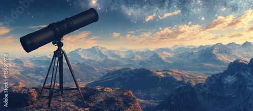 Scenic telescope overlooking mountains and starry sky in a picturesque natural landscape for travel and adventure themes photo