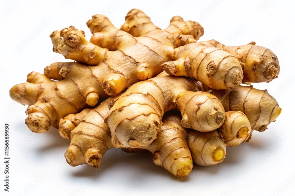 Close-up view of a raw ginger root, showcasing its intricate texture. Close-up view of a raw ginger root, showcasing its intricate texture.