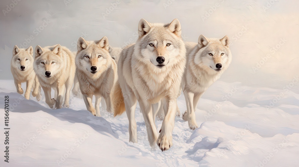 A pack of majestic white wolves walks confidently through a snowy landscape, showcasing their beauty and strength against a serene backdrop.