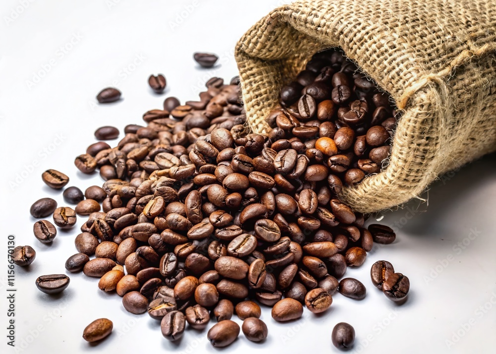 Coffee beans spill from a burlap sack, architectural shot. Coffee beans spill from a burlap sack, architectural shot.