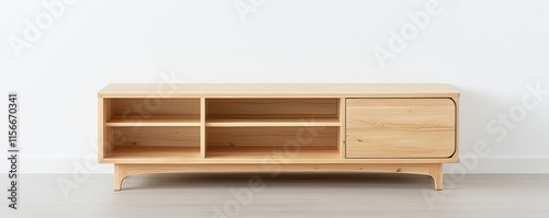 Contemporary minimalist pine tv stand featuring open shelving design photo