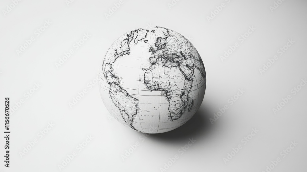 A monochromatic globe design, centered on a clean white background for a minimalist approach. A monochromatic globe design, centered on a clean white background for a minimalist approach.