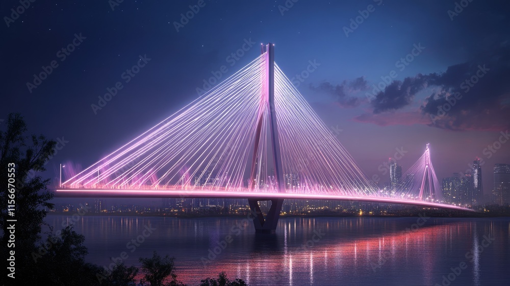 Obraz premium A night view of a futuristic bridge with laser lights crisscrossing the skyline, showcasing innovation.