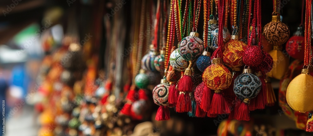 Naklejka premium Colorful traditional Christmas ornaments displayed at a festive market during the holiday season creating a warm and inviting atmosphere