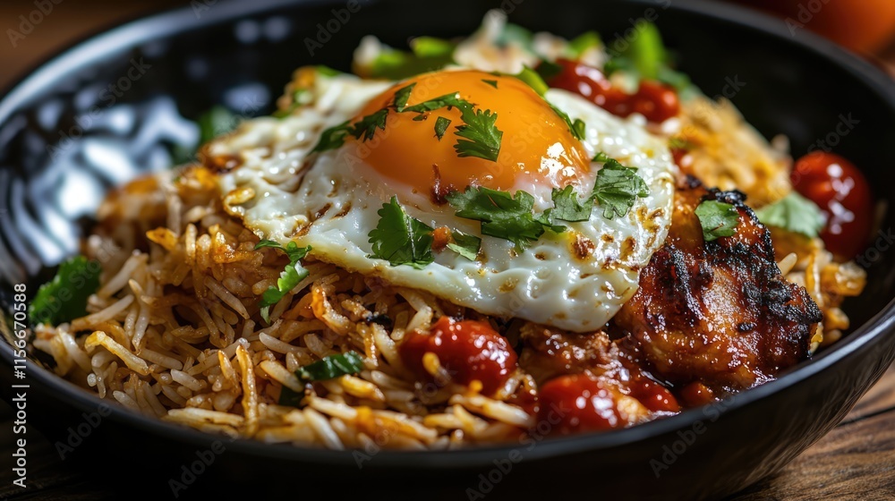 Delicious Triple Schezwan Fried Rice with Chicken, Egg, Crispy Noodles and Spicy Gravy Garnished with Fresh Herbs in Selective Focus