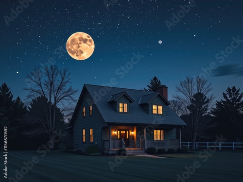 Wallpaper Mural Peaceful Suburban Home at Night Full Moon Stars Torontodigital.ca
