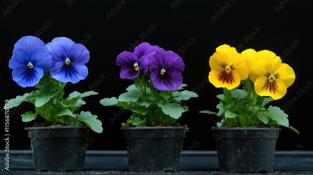 Tricolor pansy flowers in pots showcasing vibrant blue purple and yellow blooms against a dark natural background Tricolor pansy flowers in pots showcasing vibrant blue purple and yellow blooms against a dark natural background