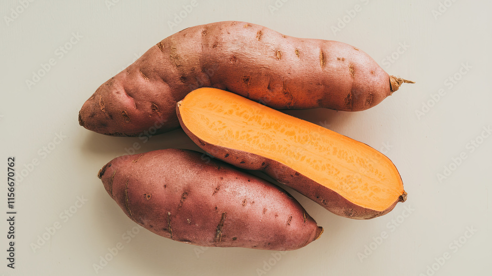 Three Sweet Potatoes with Reddish-Brown Skin, Two Whole and One Sliced Open, Vibrant Orange Interior Flesh, Positioned on White Background, Fresh and Nutritious Vegetable Display Three Sweet Potatoes with Reddish-Brown Skin, Two Whole and One Sliced Open, Vibrant Orange Interior Flesh, Positioned on White Background, Fresh and Nutritious Vegetable Display
