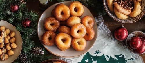 Delicious traditional Christmas buÃ±uelos served with creamy natilla on a festive table with seasonal decorations and ornaments. photo
