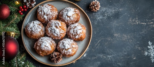 Traditional Christmas buÃ±uelos with natilla served on a festive plate surrounded by holiday decorations and pinecones photo