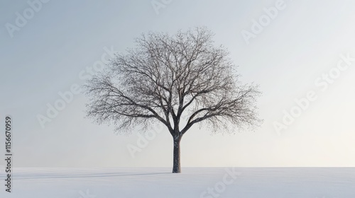 Solitary bare tree against a serene winter landscape showcasing branches and soft snow under a pale sky.