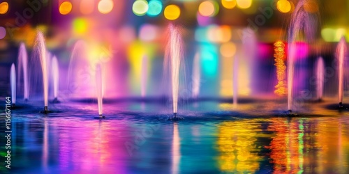 Vibrant and colorful background featuring a fountain with a beautiful blurry effect, creating an artistic and visually appealing atmosphere enhanced by the fountain s dazzling colors. photo