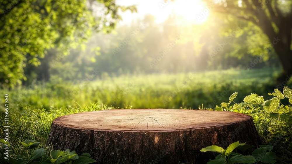 Nature-inspired wooden podium display for products showcasing sunlight and greenery in a tranquil farm setting during morning hours Nature-inspired wooden podium display for products showcasing sunlight and greenery in a tranquil farm setting during morning hours