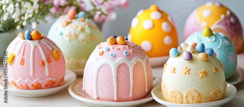 Colorful traditional Easter cakes adorned with decorative eggs and floral accents on a festive display. photo