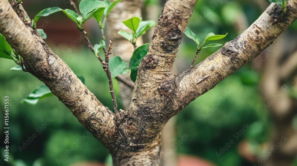 Tree trunk with branching limbs and vibrant green leaves in a serene garden setting Tree trunk with branching limbs and vibrant green leaves in a serene garden setting
