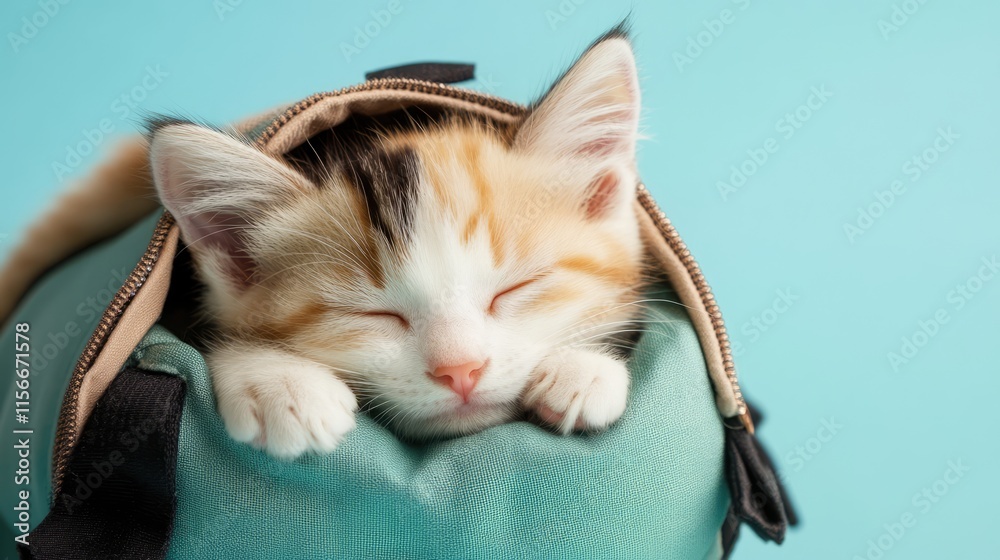 Naklejka premium Cute tricolor kitten peacefully napping in a cozy carrier against a soft blue background