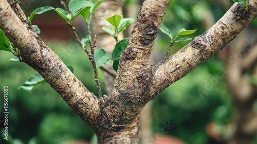 Tree trunk with branching limbs and vibrant green leaves in a serene garden setting