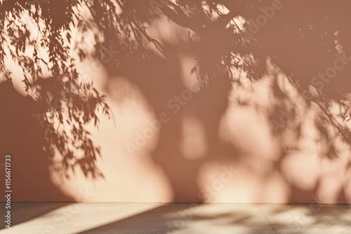 Tree shadow. Terracotta red brown beige orange house wall and sidewalk. Exterior street outdoor. Background. Space for product design object. Moskup stage template presentation. Plant leaves nature.