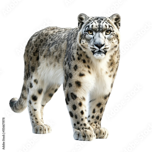 Standing Snow Leopard on White Background: Ultra Realistic UHD Photo with Clear Contours, High Contrast, and Lifelike Accuracy, Perfect for Commercial Use.