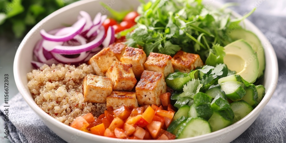 A plant based Buddha Bowl featuring tofu, quinoa, and an assortment of fresh vegetables for a nutritious and hearty meal. Perfect for vegetarian diets! A plant based Buddha Bowl featuring tofu, quinoa, and an assortment of fresh vegetables for a nutritious and hearty meal. Perfect for vegetarian diets!