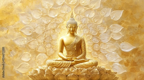 A symbolic Makha Bucha image with concentric lotus designs radiating from a golden Buddha statue.