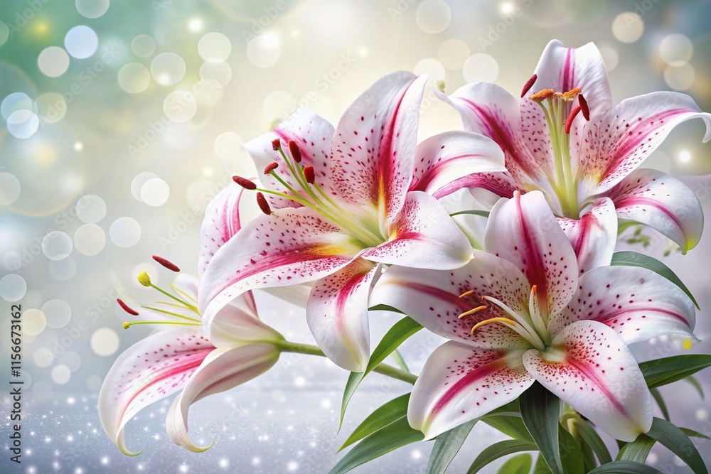 Fototapeta premium Delicate White Lilies with Red Dots - Soft Bokeh
