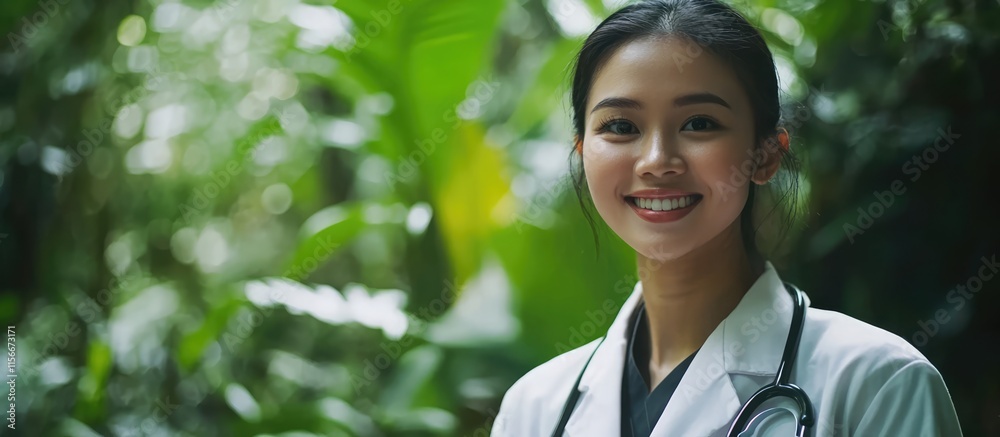 Tropical rainforest scene with a smiling female doctor in a white coat promoting health and wellness in a natural environment Tropical rainforest scene with a smiling female doctor in a white coat promoting health and wellness in a natural environment