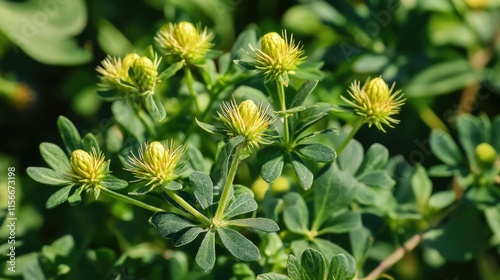 Tribulus terrestris plant with green leaves and yellow spiky flower buds commonly known as puncturevine or goat head showing its natural growth habitat. photo