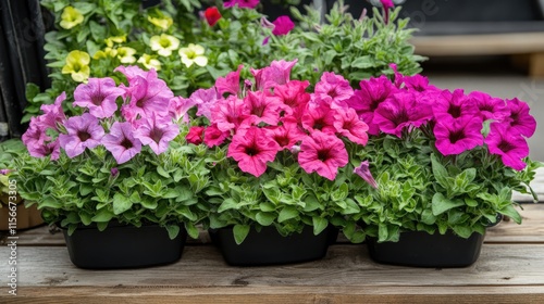 Colorful trio of petunias in shades of pink with lush greenery displayed in black pots on a wooden surface in a vibrant garden setting