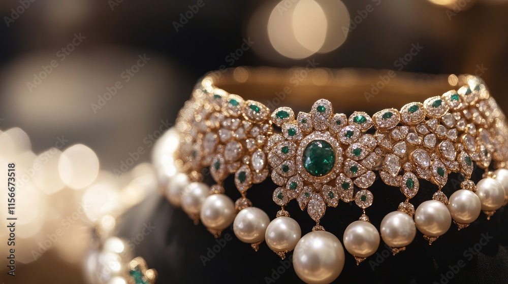 Elegant diamond and pearl necklace adorned with exquisite emeralds and intricate designs showcasing luxury and craftsmanship