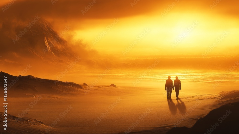 Silhouette of couple walking on beach at sunset, mountains in background. Silhouette of couple walking on beach at sunset, mountains in background.
