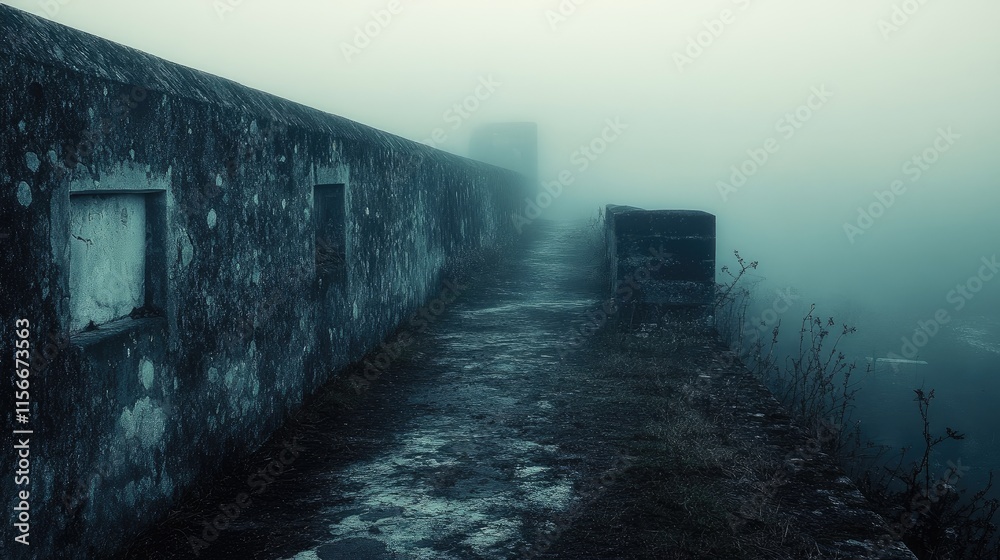 Obraz premium Mysterious fog envelops an ancient stone wall along a desolate path, creating an eerie atmosphere of solitude and timelessness.
