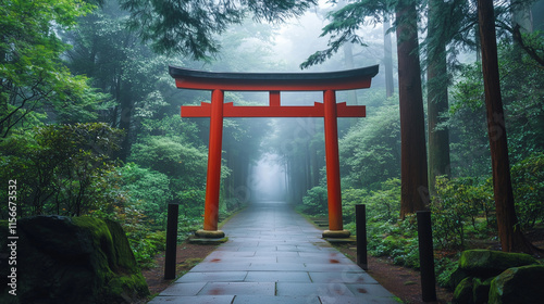 Torii gate in a misty forest pathway