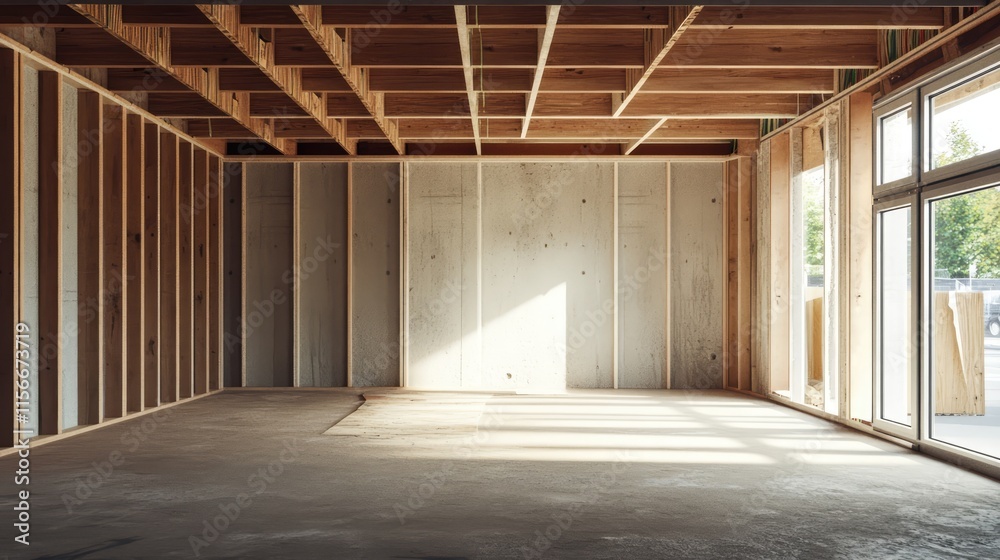 Construction site interior showcasing wooden trestle framework and back wall renovation in a spacious, unfinished room. Construction site interior showcasing wooden trestle framework and back wall renovation in a spacious, unfinished room.