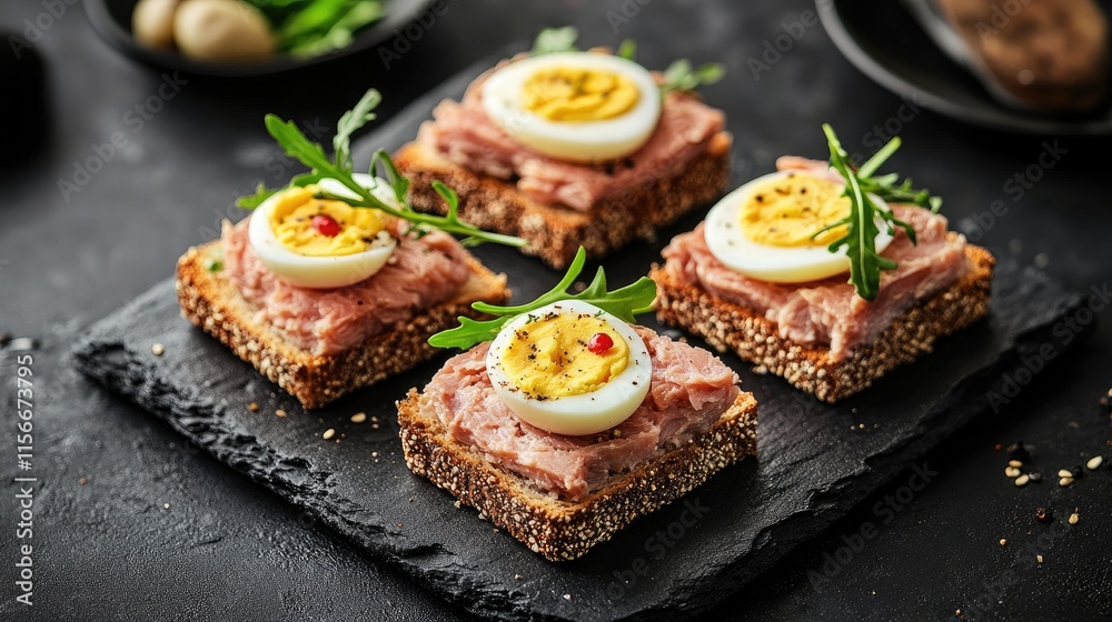 Tuna toast open sandwiches with whole grain bread boiled egg avocado and arugula on a slate serving board top view flat lay Tuna toast open sandwiches with whole grain bread boiled egg avocado and arugula on a slate serving board top view flat lay