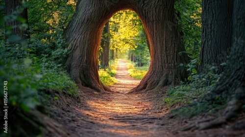 Fototapeta Naklejka Na Ścianę i Meble -  Majestic tree trunk archway leading into a serene forest path illuminated by morning sunlight