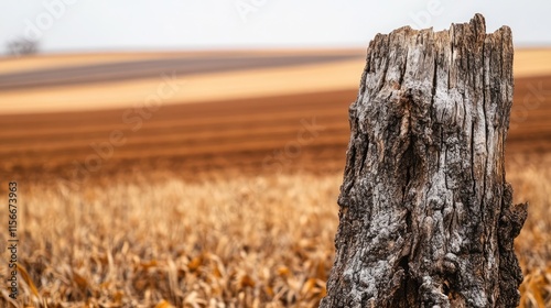 Tree trunk in focus with a soft blurred background of golden fields and farmland in a serene rural landscape setting photo