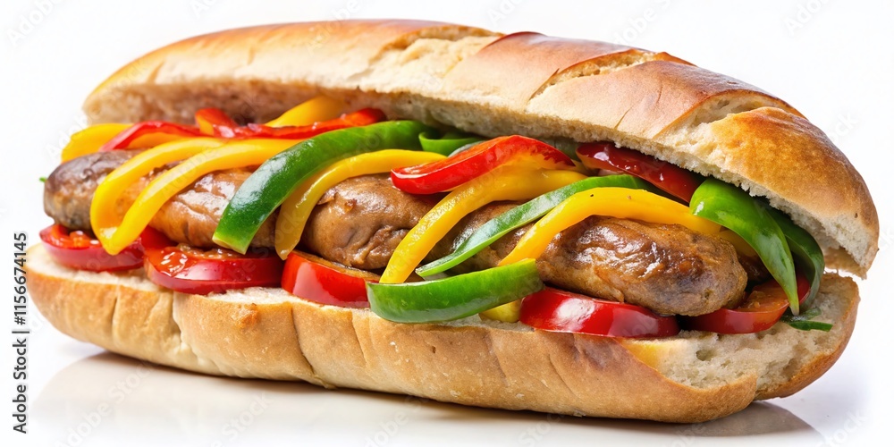 Delicious Sausage and Peppers Sandwich Close-Up Delicious Sausage and Peppers Sandwich Close-Up