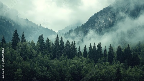 Majestic mountains shrouded in mist with lush green forests in the foreground creating a serene natural landscape atmosphere.