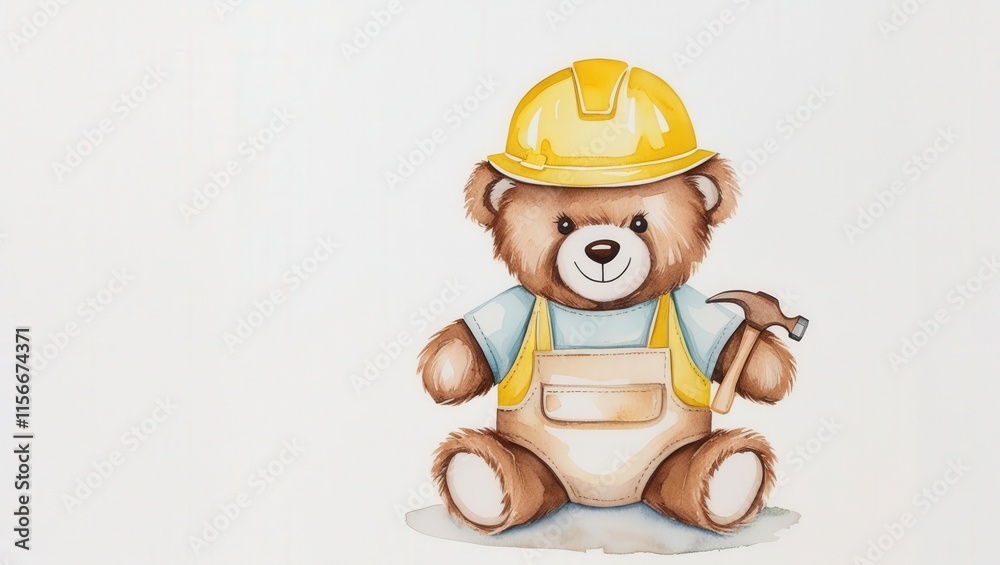 Construction-themed cute teddy bear in hard hat with hammer cartoon art playful setting Construction-themed cute teddy bear in hard hat with hammer cartoon art playful setting