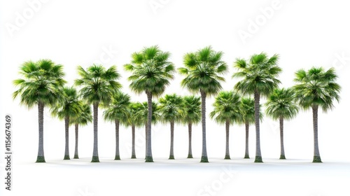 Sugar palm trees lined in a row on a clean white background creating a vibrant tropical atmosphere ideal for nature and travel themes. photo