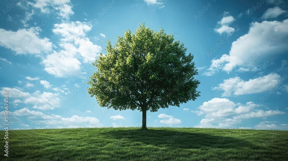 Obraz premium Lone tree against a vibrant blue sky with fluffy clouds on a green hillside creating a serene natural landscape scene